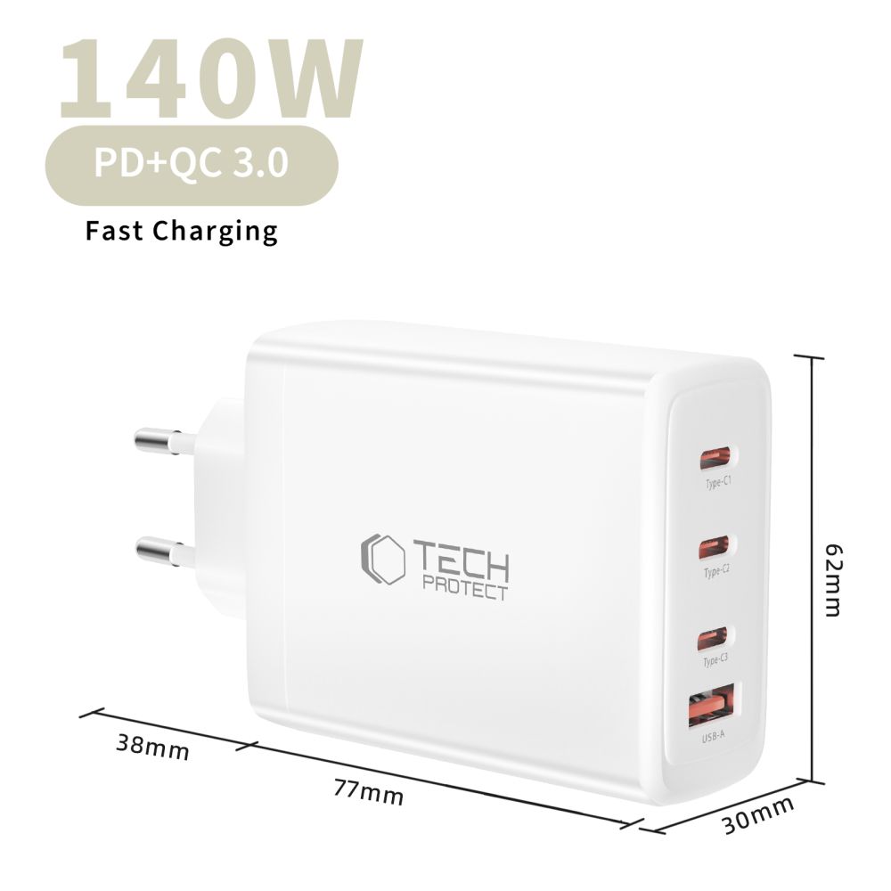 Tech-Protect NC140W-GAN 4-portu 140W sienas lādētājs – balts (3)