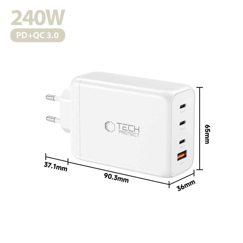 Tech-Protect NC240W-GaN 4-portu 240W sienas lādētājs – balts (3)