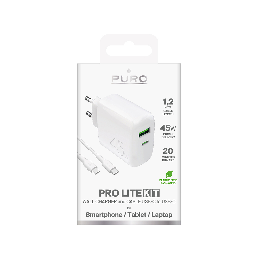 Puro Daily Prolite 45W USB‑C USB‑A Power Delivery lādētājs ar USB‑C kabeli – balts (0)