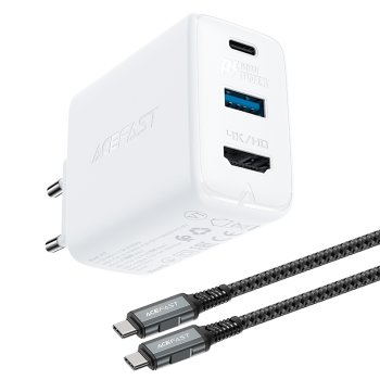 Acefast 2in1 lādētājs GaN 65W USB Type C / USB, HDMI 4K @ 60Hz adapteris (komplekts ar kabeli) balts (A17 white)