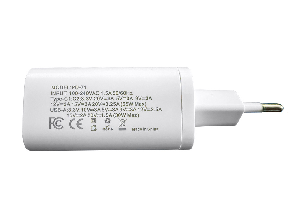 65W sienas lādētājs ar 3 portiem USB-A USB-C, ātrā uzlāde, balts (3)