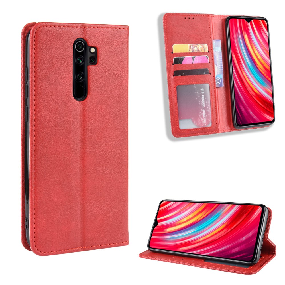 Xiaomi Redmi Note 8 Pro Vintage Style Magnetic Leather Wallet Case Cover, Red | Telefona Vāciņš Maciņš Apvalks... (3)