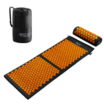 4Fizjo akupresūras paklājs akupunktūras adatu masāžas kuznecova aplikators ar spilvenu komplekts | Acupuncture massage Mat Pillow 128x48cm Black/Orange