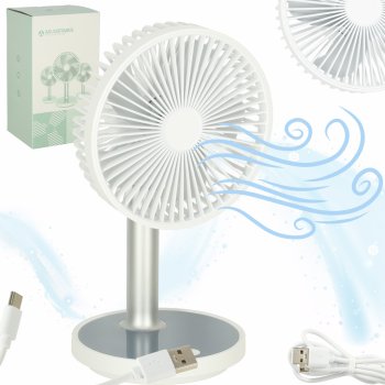 Bezvadu galda ventilators ar akumulatoru, pārnēsājams USB, 4 ātrumi, LED, 38 cm, balts