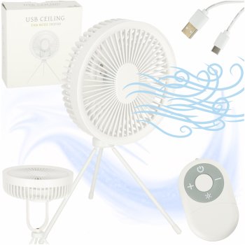 Bezvadu galda ventilators ar pulti un apgaismojumu, USB, 4 ātrumi, 18cm, balts