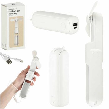 Salokāms mini rokas ventilators ar USB un power bank funkciju, balts
