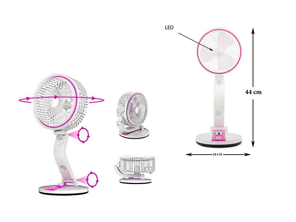 Bezvadu Salokāms Regulējams Grīdas Galdas Ventilators ar LED Apgaismojumu, 15-44cm, Rozā | Foldable Adjustable... (1)