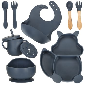 Silikona bērnu trauku komplekts 9 elementi, pelēks | Set of silicone children's dishes 9 elements