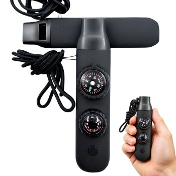 Daudzfunkcionāla izdzīvošanas svilpe ar kompasu un lukturīti, melna