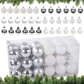 Ziemassvētku Eglīšu Bumbas Bumbulīši, Baltas un Sudraba, Nesalaužamas, 36 gab., 3 cm | Christmas Tree Baubles, White and Silver, Unbreakable