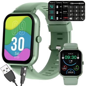 Sporta viedpulkstenis ar Bluetooth zvanu funkciju un silikona siksniņu, zaļš