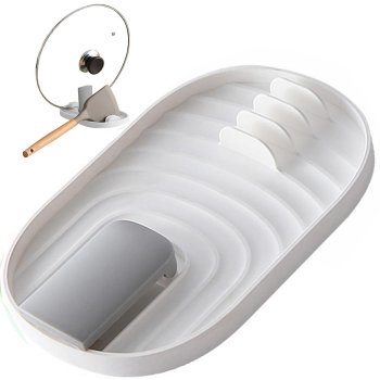 Statīvs karotēm un podu vākiem, virtuves piederumu paliktnis, Balts | Spatula Spoon Rest Kitchen Utensils Drainer