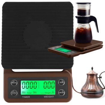 Precīzie elektroniskie kafijas virtuves svari ar taimeri 5kg 0,1g, brūni
