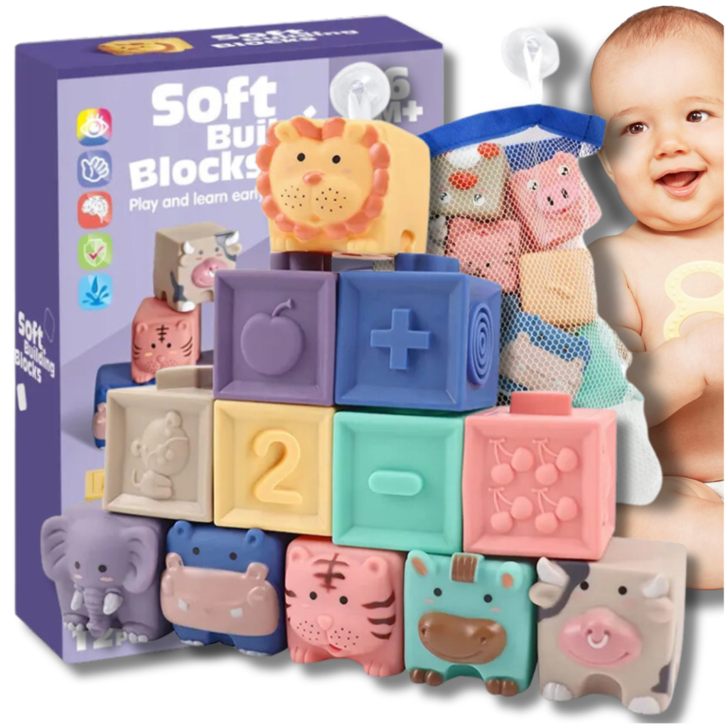 Mīkstie sensorie klucīši zīdaiņiem / bērniem, 13 gab.