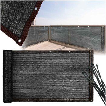 Balkona aizsargekrāns ar stiprinājumiem, PVC siets, 105x500 cm, UV aizsardzība, melna