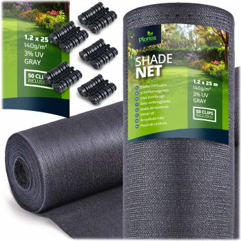 Plonos ēnojuma tīkls 1,2x25 m 140 g/m² ar 50 stiprinājumiem, pelēks